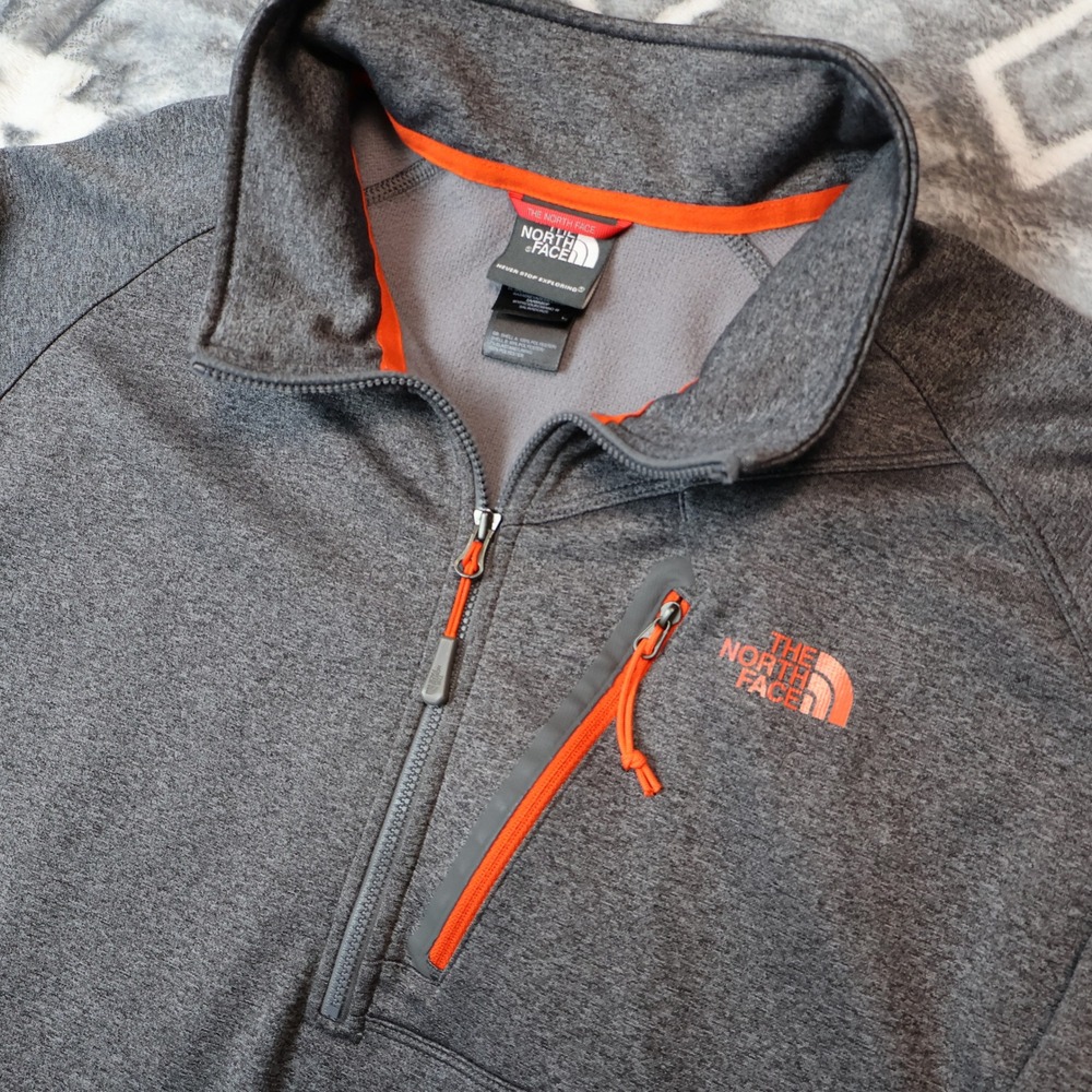 The North Face Mens XL Gray Orange Quarter Zip Pullover Fleece Jacket Raglan